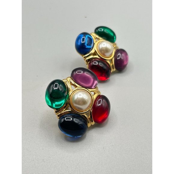 Signed NAPIER Clip On Earrings 80s Jeweled Multicolor Cabochons with Faux Pearls - Picture 3 of 6